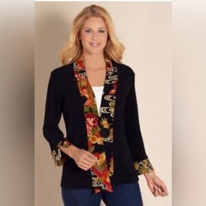 SOFT SURROUNDINGS Black Textured Asian Red Floral Kimono Jacket Cardigan M